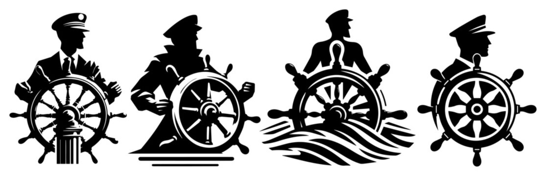 Sea captain at ship steering wheel silhouettes set, nautical sailors at helm illustrations, maritime navigation character vector, ocean travel and vessel control graphics