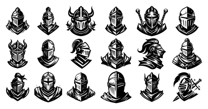 Medieval knight helmet silhouettes set, ancient warrior armor headwear icons, historical combat gear collection, fantasy rpg character armor vector elements