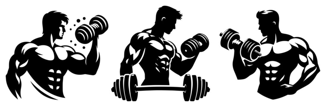 Bodybuilder silhouettes set, muscular men lifting weights illustrations, fitness and gym workout icons, male athlete training with dumbbells and barbells vector