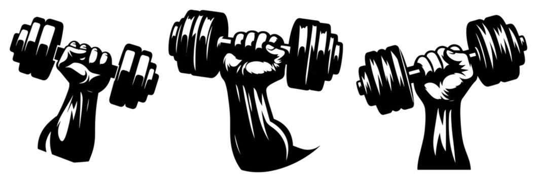 Muscular arms lifting dumbbells set, fitness and bodybuilding weightlifting icons, gym workout motivation silhouettes, strong hands training vector elements