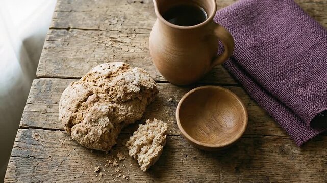Rustic still life with unleavened bread water jug and purple cloth