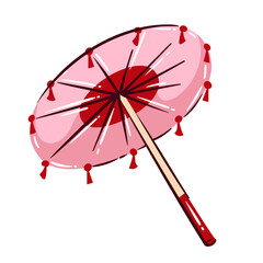 Japanese paper umbrella traditional wagasa accessory. Pink parasol with wooden handle and decorative tassels, classic Japan culture element. Japan travel icon, cartoon vector illustration. © Victoria Sergeeva
