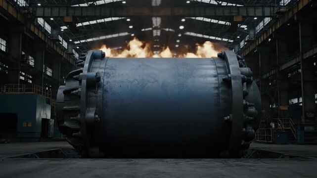 Large industrial machine with smoke in factory, depicting industry and technology, indoors, showcasing machinery and equipment, heavy industry.