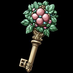 Ornate gold key adorned with pink gems & green leaves