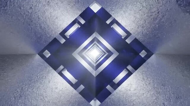 Abstract blue and silver geometric tunnel with bright light