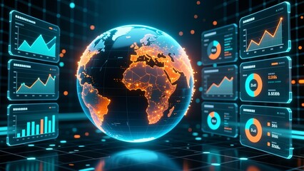Obraz premium Global Data Analysis Visualized on Digital Globe with Charts and Graphs