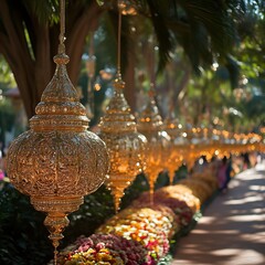 Ornate gold lanterns hang above vibrant floral pathway