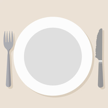 Minimalistic flat-style vector illustration of an empty white plate in the center, a fork on the left, and a knife on the right.