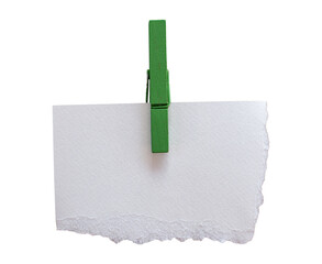 Torn white paper clipped with green wooden clothespin isolated on transparent background.