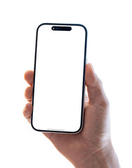 Hand holding a modern smartphone mockup isolated on transparent background.