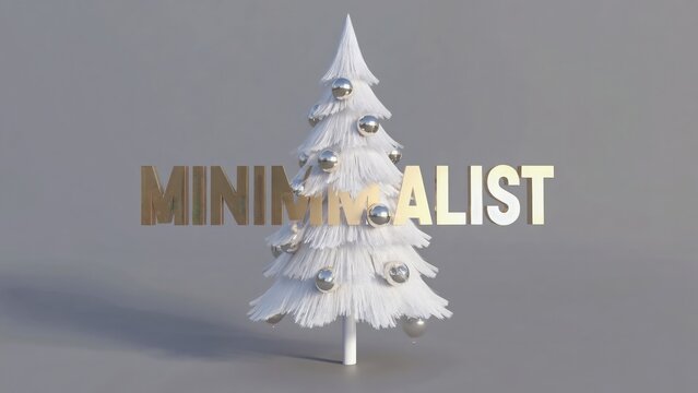 A minimalist white Christmas tree stands alone on a gray background, rendered in 3D, showcasing simplicity and festive elegance from a front view.
