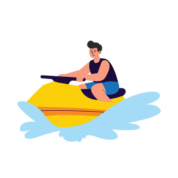 Man riding jet ski on water adventure summer sports flat vector illustration.