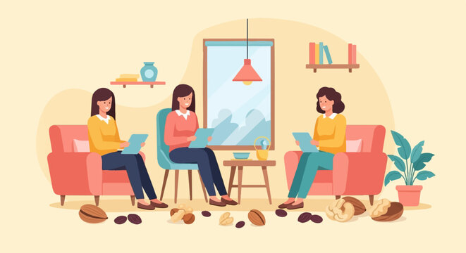 Three women relax on sofas, reading and snacking on nuts