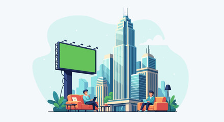 Obraz premium Two men relax with laptops in front of a city skyline and green billboard