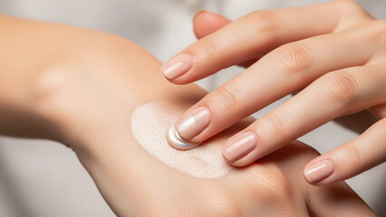 Naklejka premium Gentle hand care: woman applies a small amount of pearlescent white cream to her skin, promoting soft hydrated skin and a healthy skincare routine