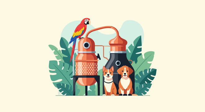 Tropical still with parrot and two dogs in lush foliage