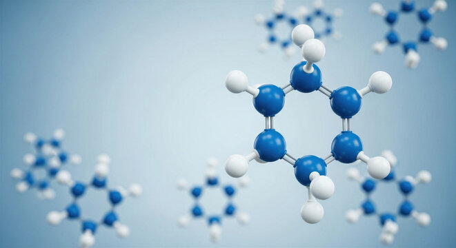 Three-dimensional rendering of a benzene ring molecular structure, with atoms depicted in blue and white, set against a light blue background.