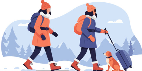 Two friends with backpacks and a dog trekking through snowy mountains