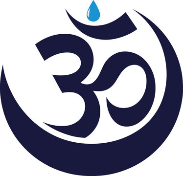 Modern Om Symbol Vector with Crescent Moon Swoosh and Water Drop Bindu in Navy Blue