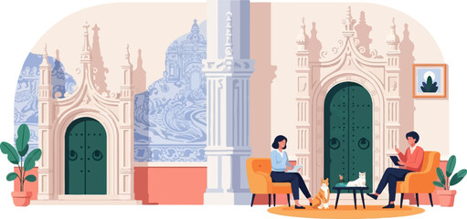 Naklejka na ściany i meble Two people and pets relax in a room with ornate doors and tiled walls