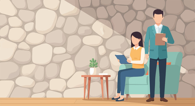 Two people in a waiting room with a stone wall background