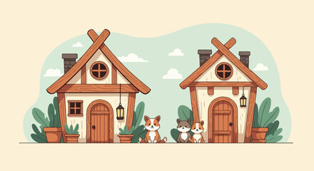 Fototapeta na wymiar Two charming cottages with cute dogs in front