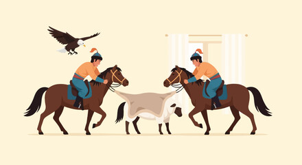 Two horse riders hold a sheep with a blanket between them, eagle flies