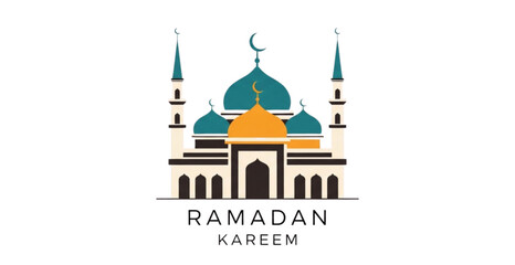 Minimal flat Islamic mosque design with Ramadan Kareem text isolated on white