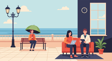 Naklejka premium Two people inside, one outside with umbrella, by the sea