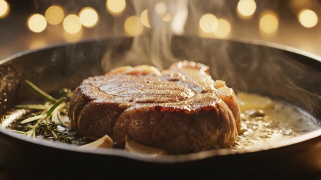 Thick cut of beef searing in hot pan with steam rising