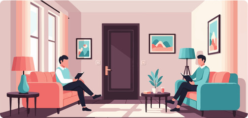 Fototapeta premium Two men relax in a cozy living room, reading books on plush sofas by lamplight