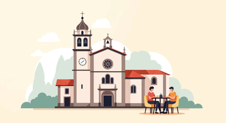 Two people enjoying drinks outside a charming building with a clock tower