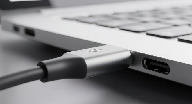 USB cable connected to silver laptop charging port close-up minimalist technology workspace setup