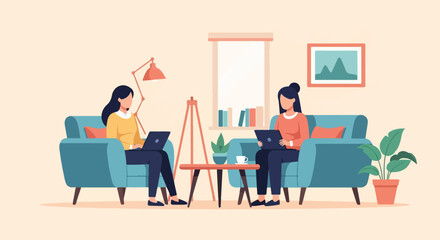 Two people work on laptops in a living room with plants and art