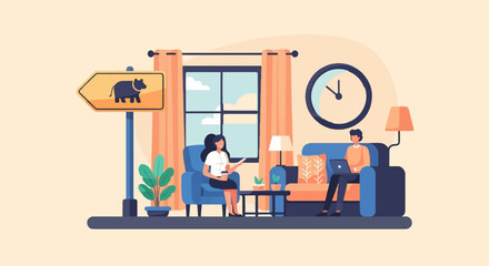 Two people relaxing in a cozy room with a sign pointing to a rhino © Wkwk