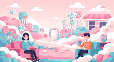 Two people relaxing in a surreal candy land of sweets and fluffy clouds