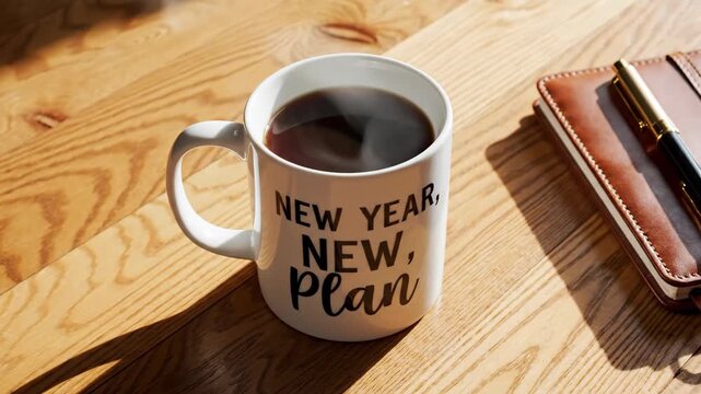 Steaming beverage in motivational mug beside leather bound organizer on sunlit wooden surface