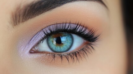 Obraz premium Close up of a beautiful blue eye with makeup and long eyelashes.