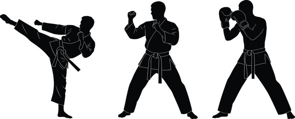Martial artist silhouette collection showing karate and boxing stances, kicking and fighting poses, black vector illustration set isolated on white background for combat sports design © MdMojibar