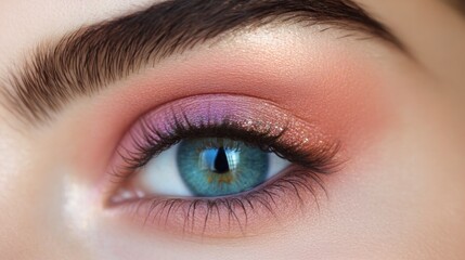 Obraz premium Close up of a beautiful womans eye with vibrant pink and purple eyeshadow and long lashes.
