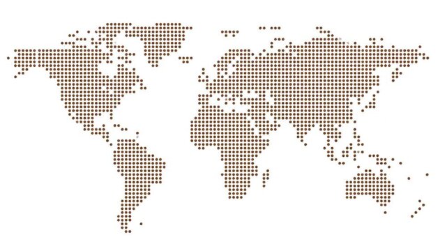 World map represented by brown dots on white background