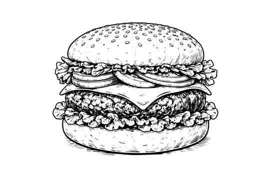 Detailed burger illustration in sketch style. Black and white fast food vector isolated for menu and packaging design.