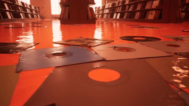 Library interior with orange liquid and vinyl records, a surreal library scene.