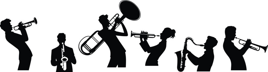 Jazz band musicians silhouette collection trumpet trombone saxophone concert performance music clipart black isolated flat vector illustration, flat vector illustration © Itz Julfikar Here
