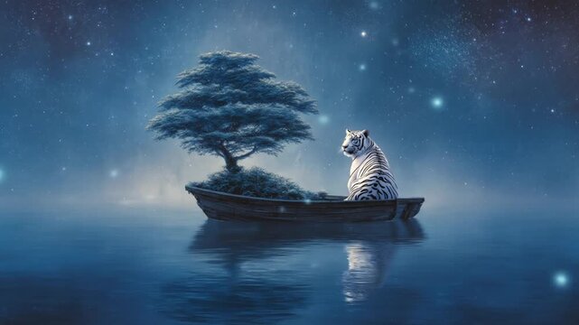 White tiger on boat under starry sky serene nature scene