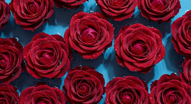 Red roses with water drops on blue background, romantic floral arrangement, beautiful flowers, rose petals, floral pattern