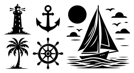 Nautical icons and sailing elements set, lighthouse anchor sailboat palm tree and ship wheel silhouettes, sea travel and coastal vacation vector © Luka