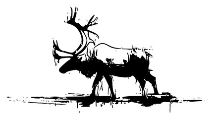 Artistic reindeer silhouette with paint splatters, creative wild elk or stag illustration, grungy nature animal vector design, abstract woodland creature art © Luka