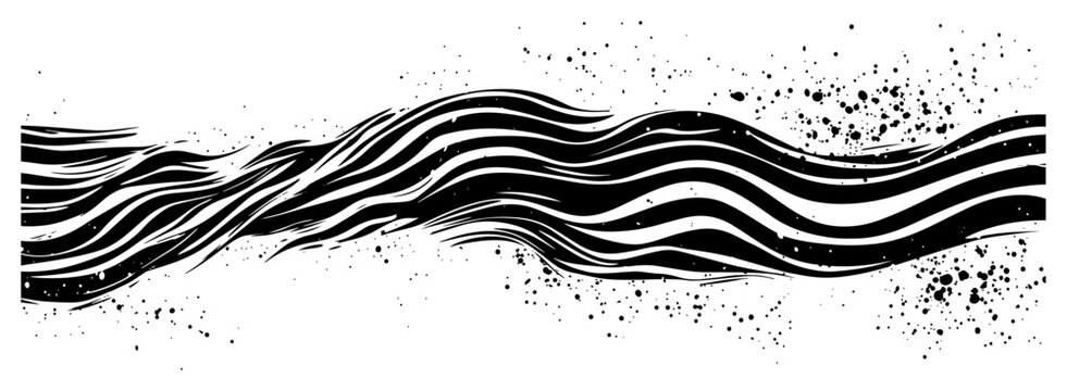 Abstract wavy lines with ink splatters and dots, dynamic flowing water or wind energy vector, decorative ripple pattern for modern graphic design