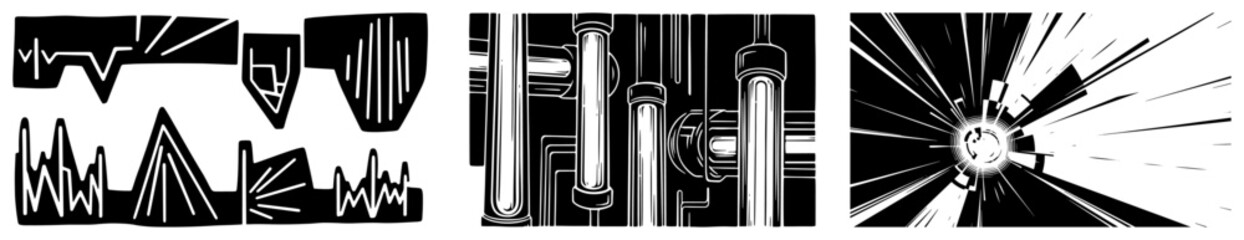 Abstract geometric tech elements set, futuristic cyberpunk shapes and digital signal patterns, modern science fiction vector graphics © Luka